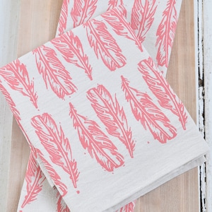 Feather Tea Towel  100% Organic Floursack Cotton  Pink Blockprint Dishcloth  Feathers Kitchen Decor