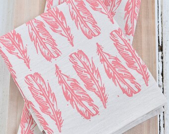 Organic Cotton Tea Towel - Block Feather in Coral Pink - Flour Sack Kitchen towel - Eco Friendly - Unpaper Towels - Hand Screen Printed