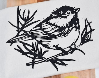 Chickadee Tea Towel  Organic Cotton  Black Print Dishcloth  Maine Bird Kitchen Decor