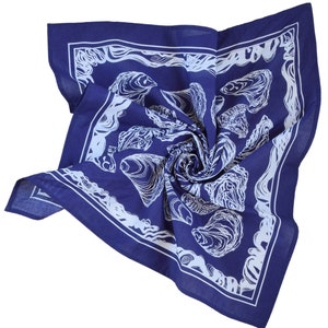 Oyster Bandana 100% Cotton Handkerchief Royal Blue Hand Screen Printed Soft and Washable Nautical Scarf Mussel Shell Oysters image 7