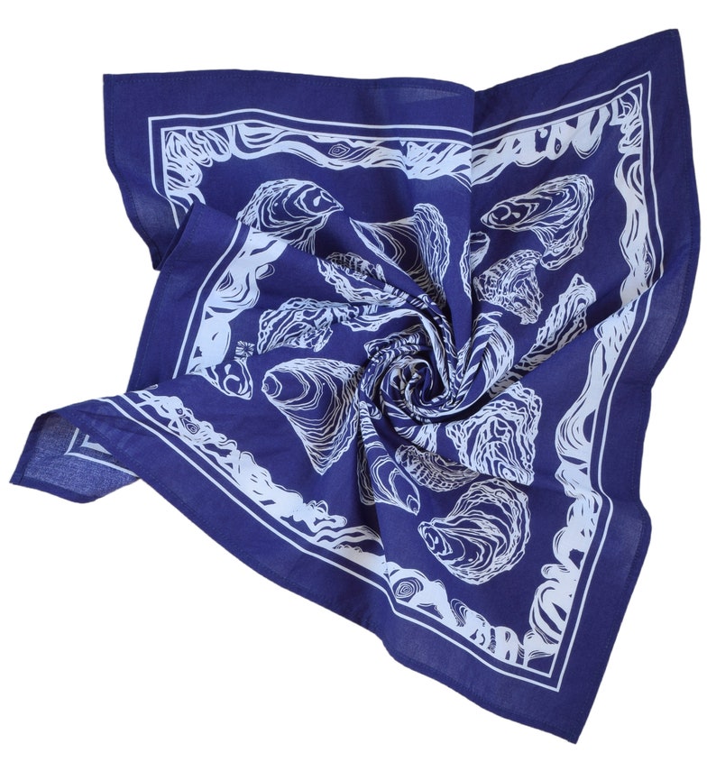 Oyster Bandana 100% Cotton Handkerchief Royal Blue Hand Screen Printed Soft and Washable Nautical Scarf Mussel Shell Oysters image 7