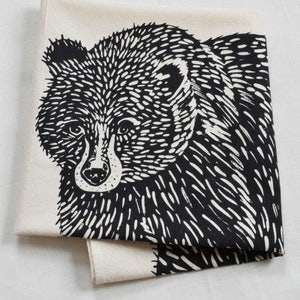Black Bear Tea Towel  Organic Cotton  Woodland Animal Dishcloth  Grizzly Kitchen Cloth