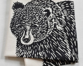 Bear Tea Towel - Organic Cotton - Woodland Animal - Tea Towels - Black Bear - Screen Printed - Organic Tea Towel - Tea Towels Flour Sack