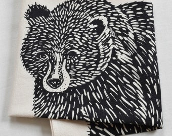 Black Bear Tea Towel  Organic Cotton  Woodland Animal Dishcloth  Grizzly Kitchen Cloth