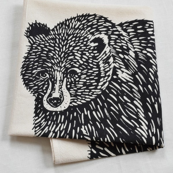 Black Bear Tea Towel  Organic Cotton  Woodland Animal Dishcloth  Grizzly Kitchen Cloth