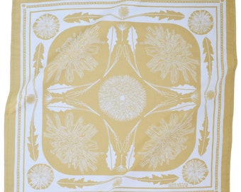 Dandelion Bandana - 100% Cotton - Handkerchief - Soft Yellow - Hand Screen Printed - Soft and Washable - Flower - Leaf - Dandy Kerchief