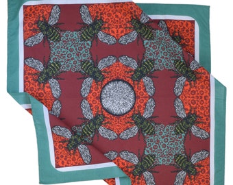 Honeybee Bandana: Hand Printed Bee Handkerchief  Soft 100% Cotton Pollinator Hair Scarf  Dog Bandana