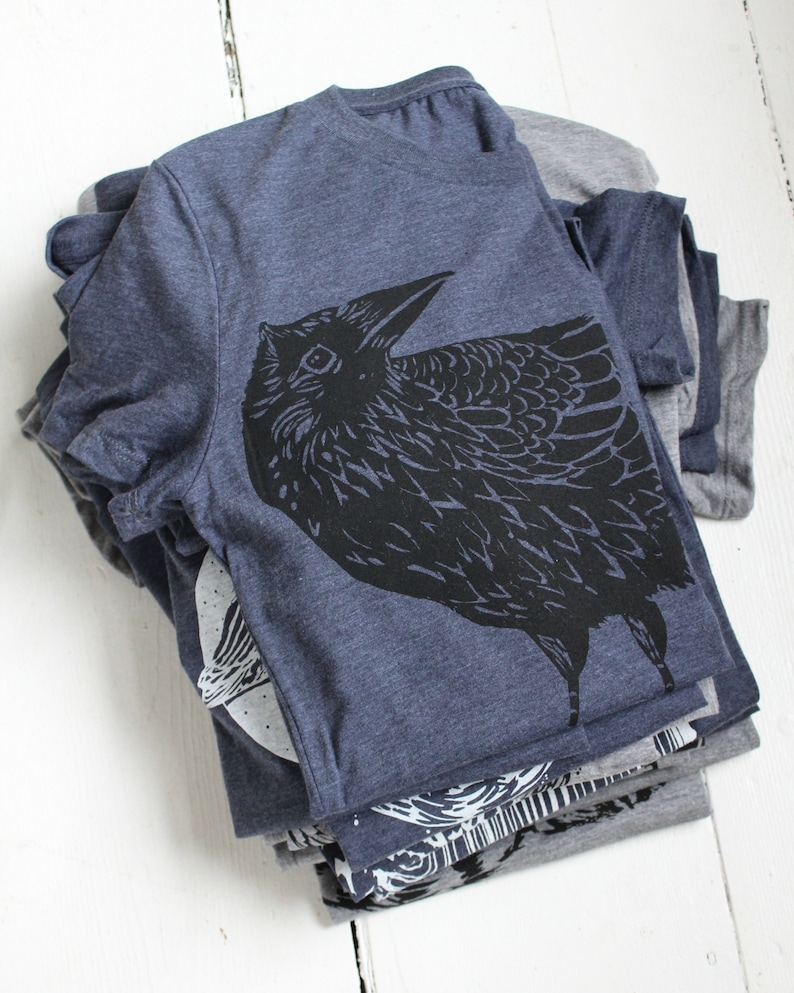 Womens Crow T Shirt Organic Recycled Fabric Super Soft Crows Tri-Blend Raven Print Women's T-Shirts Dark Blue Bird T-Shirt image 4