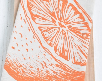 Orange Citrus Tea Towel  Organic Cotton  Fruit Print Dishcloth  Farmhouse Kitchen Decor