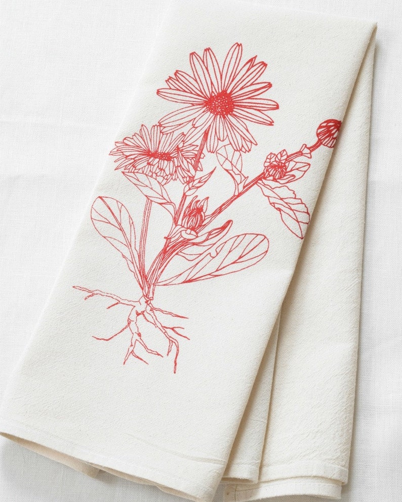 Tea Towel Organic Cotton Flower Calendula Unpaper Towel Screen Printed Botanical Design Eco Friendly Kitchen Towels Red image 2