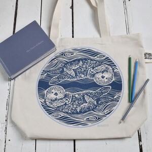 Otter Tote Bag: Hand Screen Printed Cotton Canvas Market Bag Blue Otters image 4