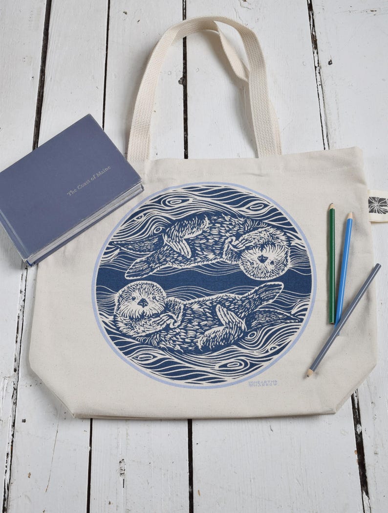 Otter Tote Bag: Hand Screen Printed Cotton Canvas Market Bag Blue Otters image 4