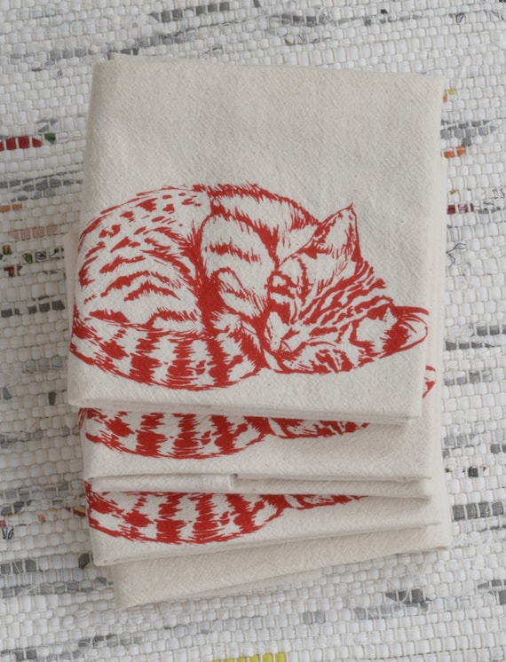 Cat Tea Towel Organic Cotton Flour Sack Towel Screen Printed Unpaper Towel  Kitchen Towels Sleeping Kitten Red Print 