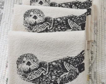 Sea Otter Napkins  Set of 4   100% Organic Cotton  Black Otters Print  Animal Kitchen