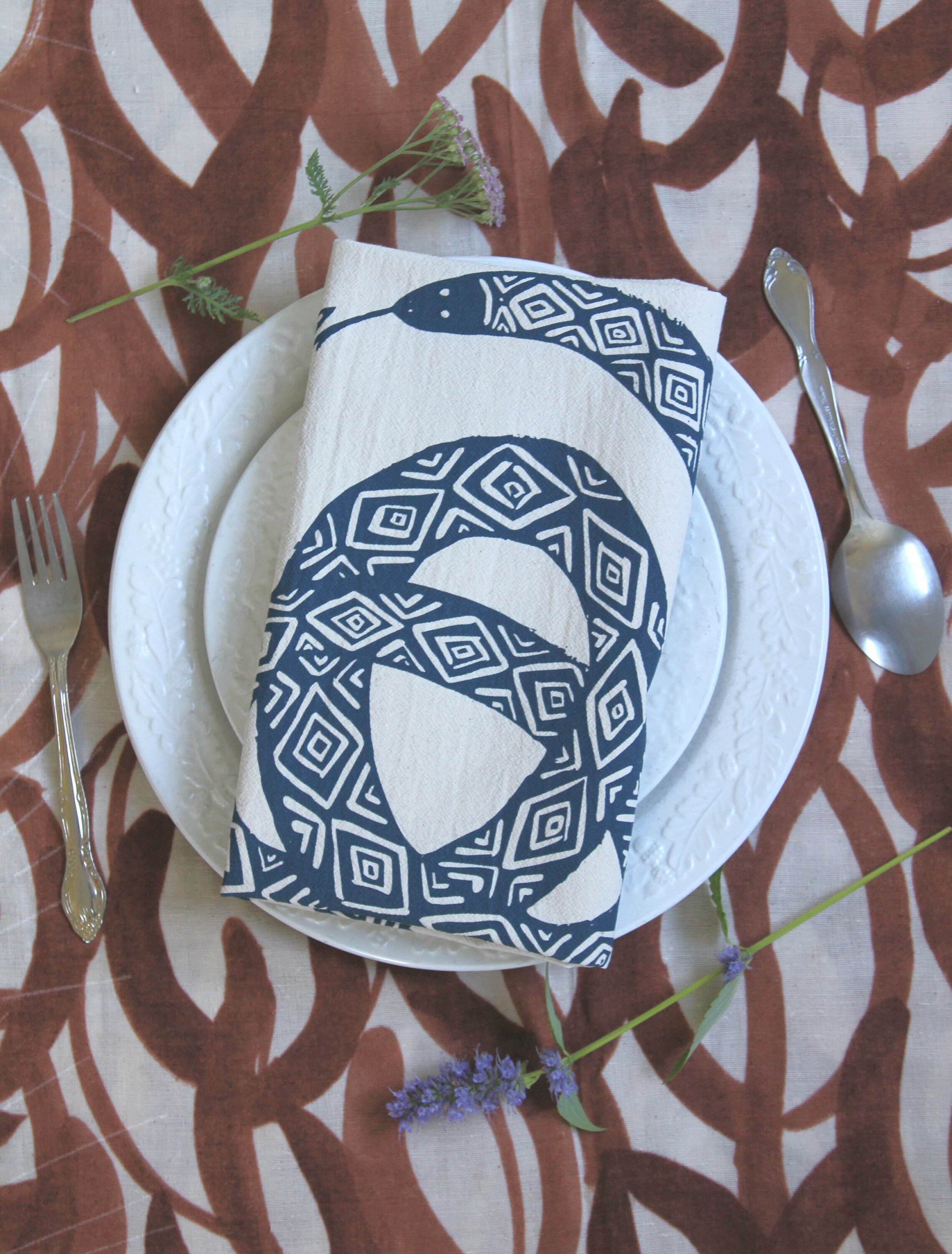 Serpent Tea Towel - Organic Cotton - Screen Printed - Snake Design - Eco Friendly Kitchen Towel - Flour Sack Towel - Navy Blue - Ouroboros