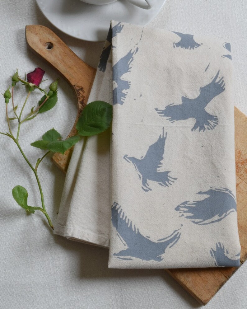 Crow Tea Towel Organic Cotton Eco Friendly Flour Sack Towel Housewarming Gift Bird Design Grey image 3