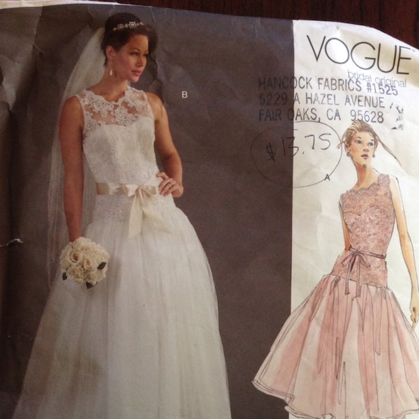 Vogue V2892 Pattern - Dropped Waist Wedding or Bridesmaid Dress with Princess Seams Sheer Over Skirt - Size 6 8 10 CUT/Complete
