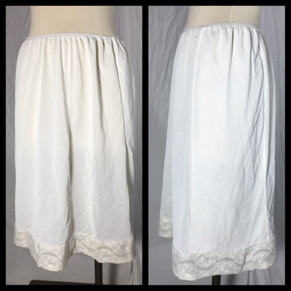 Vintage 1960s White Nylon Half Slip with Wide Lacy Trim Hem and No Show Double Layer Front Panel Below Knee Length Largre 24" Fashion Length
