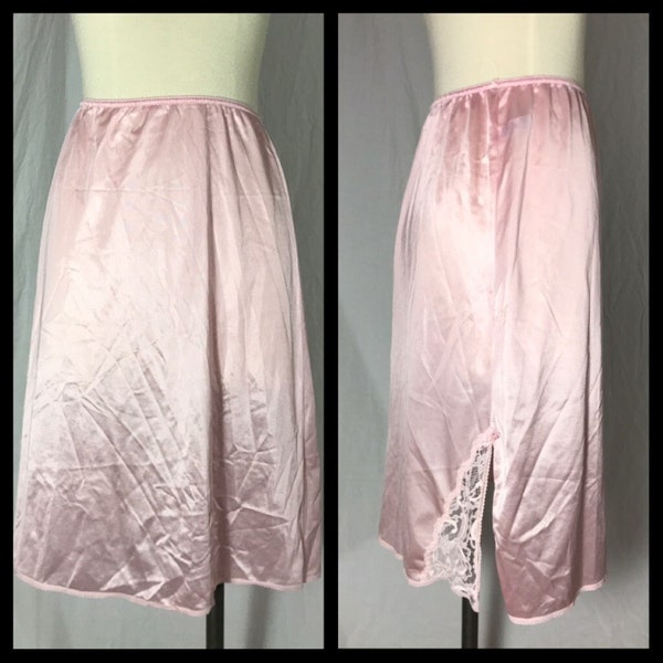 Vintage JC Penney Lingerie Pink Nylon Half Slip in Knee Length with Lace Trimmed Side Slit - Size Medium 25"