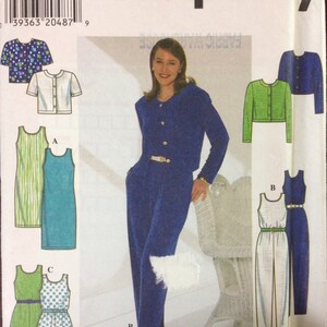 May include: Simplicity sewing pattern showing a woman in a blue pantsuit. The pattern includes designs for dresses, jackets, and a jumpsuit. The pattern size is H 6, 8, 10, with measurements in cm.