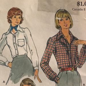 Butterick 3815 Pattern UNCUT 1970s Classic Wide Pointed Collar Button Down Blouse Long Gathered Sleeve or Short Turn Back Cuff Size 12