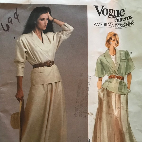 Vogue 1872 Pattern UNCUT 1980s Ralph Lauren American Designer Wrap Front Shawl Collar Jacket Dropped Shoulders Flared Skirt Size 12 Bust 34