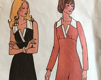 McCalls 3667 Pattern CUT Missing Facings 1970s Easy Empire Waisted Knee or Maxi Length Dress with Novelty Contrast Collar - Size 14