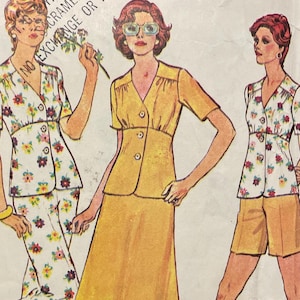 May include: Vintage McCall's 4074 sewing pattern. The pattern features illustrations of women's two-piece dresses, tops, trousers, and shorts. The cover is pink and white with the McCall's logo and text. The pattern is for Misses' size 12, bust 86 cm.