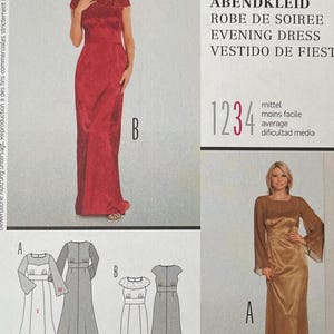 May include: A Burda Style sewing pattern for an evening dress. The pattern includes illustrations of the dress designs, with sizing information in UK and European sizes. The cover features the text "ABENDKLEID ROBE DE SOIREE EVENING DRESS VESTIDO DE FIESTA".