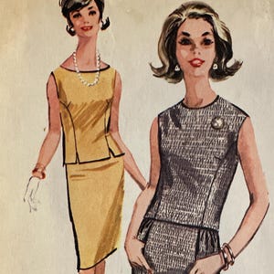 May include: Vintage McCall's sewing pattern envelope featuring illustrations of two women in dresses. The envelope includes text for "Misses' Two-Piece Dress" and "Frenn's Fabrics". The size is 12, with a bust measurement of 32 inches.