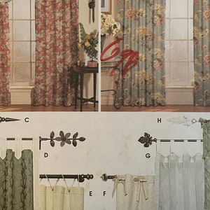 May include: A sewing pattern for curtains with tabs. The pattern includes instructions for making curtains with different styles of tabs, including a crystal vine, trend, ferrum, and bacchus collection. The pattern is printed on a white background with a brown border.