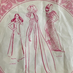 May include: A vintage Patterns Pacifica sewing pattern packet. The pink and white packet features illustrations of three dresses, with the size 10 clearly marked. The packet includes the text "Patterns Pacifica", "3040", and "$2.00".