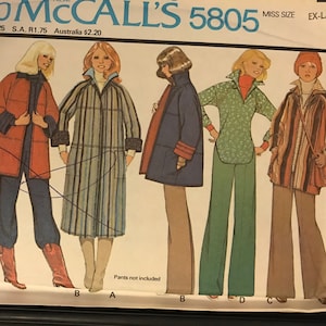 May include: A sewing pattern for a reversible coat or jacket. The pattern is from McCall's and the pattern number is 5805. The pattern includes four different views of the coat or jacket. The pattern is for misses' sizes.