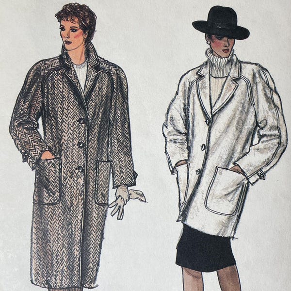 Vogue 8441 Pattern UNCUT 1980s Vintage Very Loose Fitting A-Line Coat 3/4 4" Mid Knee Coat Collar Shoulder Pads Raglan Sleeve Size 14 36"