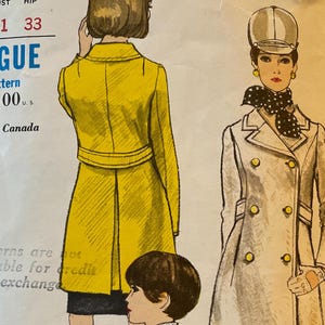 May include: Vintage Vogue sewing pattern featuring illustrations of women's coats and suits. The pattern includes a yellow coat, a white coat, and a blue suit. The pattern size is 10, with bust 31 and hip 33.