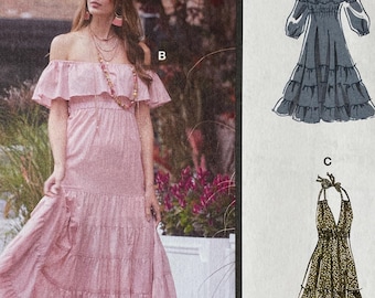 McCalls M8087 8087 Pattern UNCUT Aurora Easy Elastic Off Shoulder Bodice Dress Ruffle Long Sleeves Halter Sleeveless Tiered Size 6-14