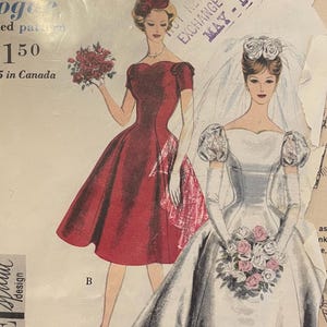 May include: Vintage Vogue sewing pattern for a wedding dress and a red dress. The pattern is for sizes 10 to 18 and includes instructions for making both dresses. The pattern is in a plastic bag and has a price tag of $1.50.