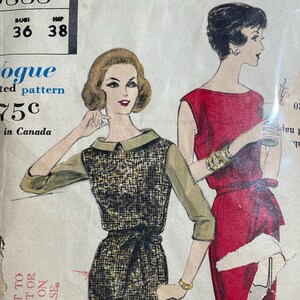 May include: Vintage Vogue printed pattern packet. The packet features illustrations of two women in dresses. The text on the packet includes "Vogue printed pattern", size information, and the price. The packet is sealed in a clear plastic bag.