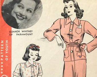 Hollywood Pattern of Youth 1543 Pattern CUT MISSING Pockets 1940s Eleanor Whitney of Paramount Girl's Two Piece Pajama Set - 12 Years