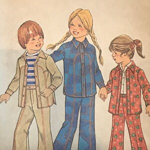 May include: A vintage Simplicity sewing pattern for children's clothing. The pattern number is 7319 and the price is $1.00. The pattern includes three children wearing different outfits. The pattern is for size 5, with a chest measurement of 24 inches.