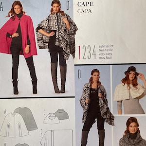 May include: A sewing pattern package for capes. The package features images of cape designs in various styles and colors, including a pink cape and a black and white patterned cape. The package includes the text "burda young" and size charts.