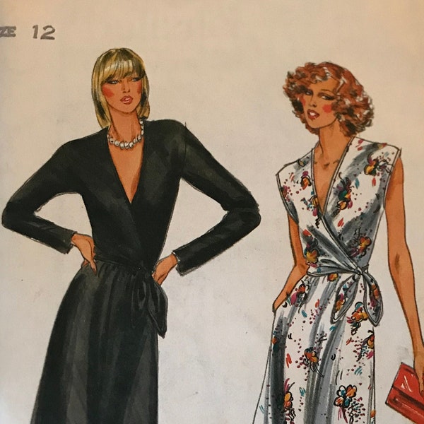 Butterick 6917 Pattern CUT Complete 1980s Wrap Front Dress with Plunging V Neckline and Sleeveless or Long Sleeves Option Size 12 Bust 34 IL