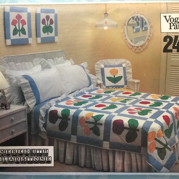 Vogue 2420 Pattern UNCUT 1980s Meredith Gladstone Early American Quilt Cover Flower Pillow Dust Ruffle Sheet Trim Chair Pillow Wall Hanging