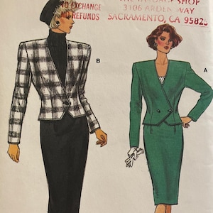 May include: A vintage Very Easy Very Vogue sewing pattern. The pattern features illustrations of two women in suits. One suit is a black and white plaid jacket with a black skirt, and the other is a green suit. The pattern number is 9658.