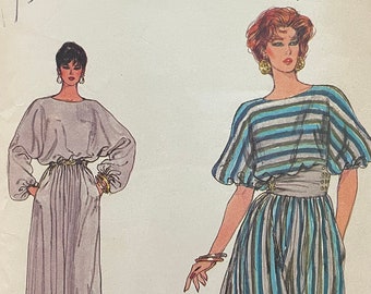 Vogue 8367 Pattern CUT Complete 1980s Vintage Loose Fitting Dress Knee or Maxi Length Dolman Sleeves Elbow Full Size 20