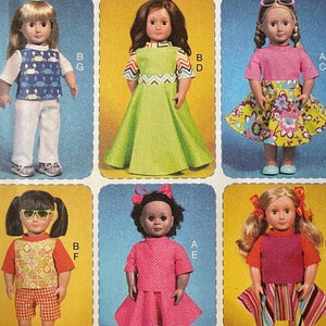 May include: A sewing pattern for making doll clothes. The pattern includes instructions for making a variety of outfits, including a dress, a skirt, a top, and a pair of pants. The pattern is designed for beginners and includes easy-to-follow instructions. The pattern is for dolls that are 18 inches tall. The pattern is from McCall's and the pattern number is M7106.