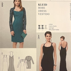 May include: A Burda Style dressmaking pattern packet, featuring images of dresses and a jacket. The packet includes the text "KLEID ROBE DRESS VESTIDO" and size charts in both EUR and US sizes. The main color is white.