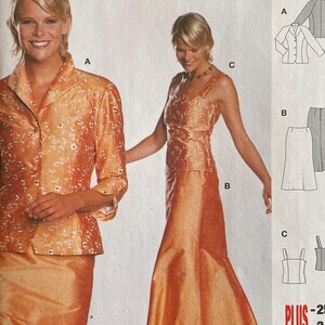 May include: A sewing pattern for a two-piece outfit with a jacket and skirt. The pattern is for sizes 10-25 and includes seam and hem allowances. The pattern is from Burda.