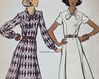 Vogue 8784 Pattern UNCUT 1970s Vintage Semi Fitted Mid Knee Dress Princess Seams Front Pleats Collar Long Gathered Short Sleeve 14 or 16