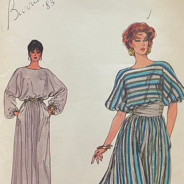 Vogue 8367 Pattern CUT Complete 1980s Vintage Loose Fitting Dress Knee or Maxi Length Dolman Sleeves Elbow Full Size 20